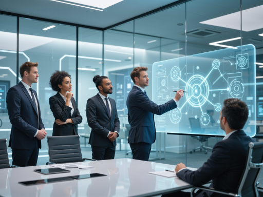 科技公司团队合影，五名员工穿着正装站在现代化办公室内，蓝色背景，专业商务风格